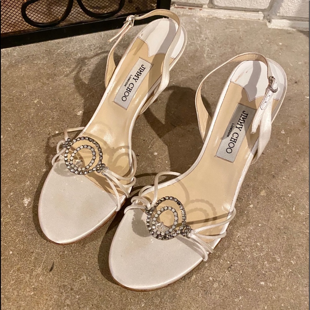 Jimmy Choo White Crystal-Embellished Slingback Heels